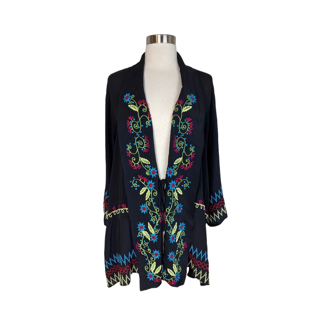 Kyla Seo Kimono Jacket Size Small Black Embroidered Collared Oversized Topper
